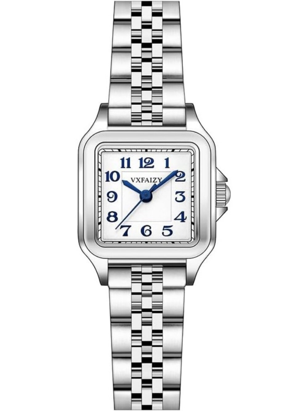 Women's Silver-Blue Solid Stainless Steel Band Dainty Square Wrist Watches